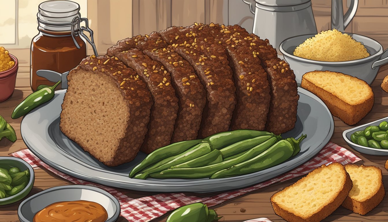 A rustic kitchen scene with a Texan twist: a hearty meatloaf surrounded by ingredients like jalapenos, BBQ sauce, and cornbread crumbs