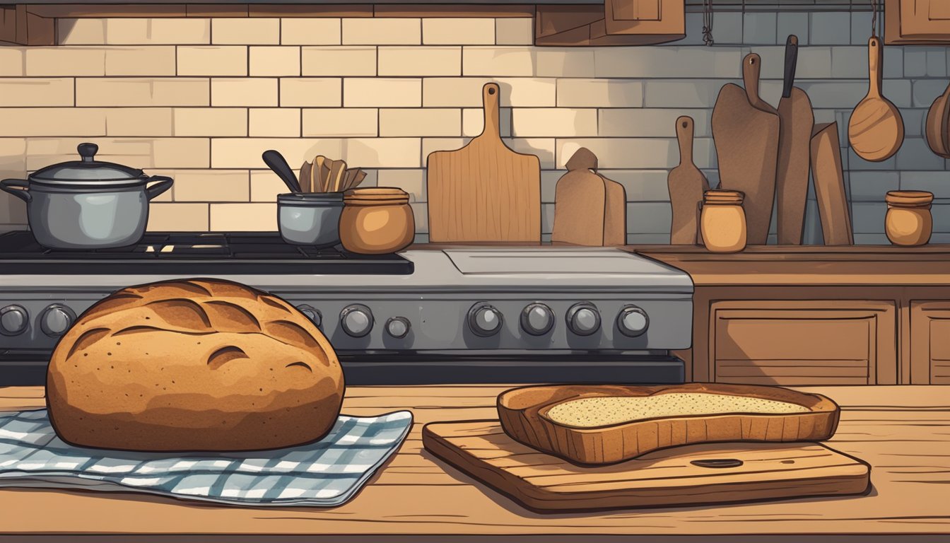 A rustic kitchen with a warm oven, a wooden cutting board, and a loaf of sassy seed bread cooling on a wire rack