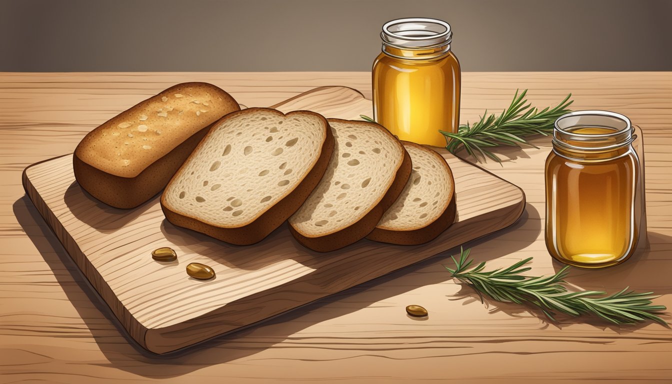 A rustic wooden cutting board with slices of sassy seed bread, accompanied by a jar of honey and a sprig of fresh rosemary