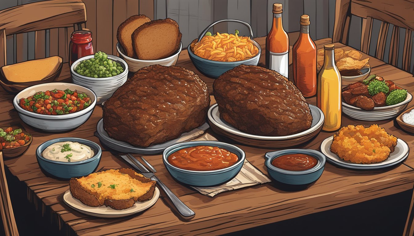 A rustic kitchen table set with a steaming, golden-brown meatloaf, surrounded by a spread of traditional Texas sides and a bottle of hot sauce