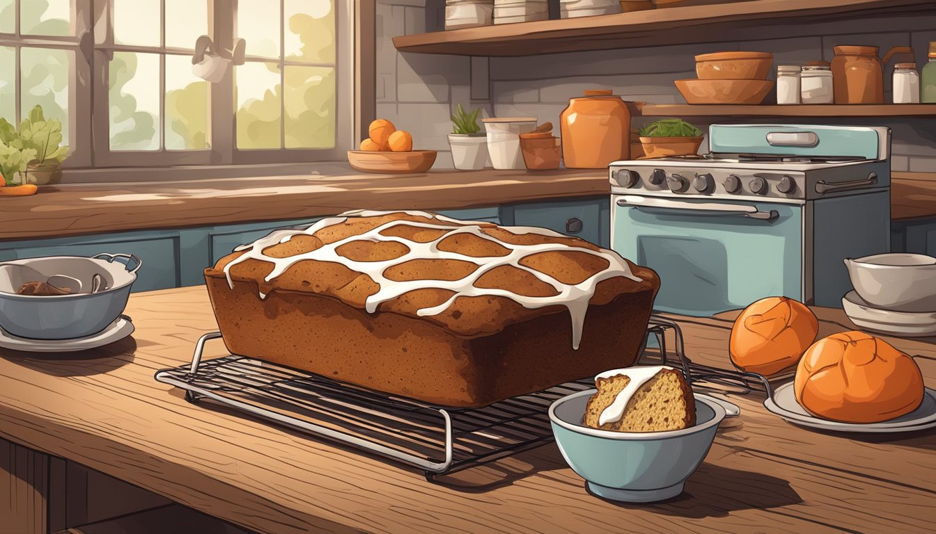 A rustic kitchen with a vintage oven, ingredients scattered on a wooden table, and a freshly baked Texas-style carrot cake loaf cooling on a wire rack