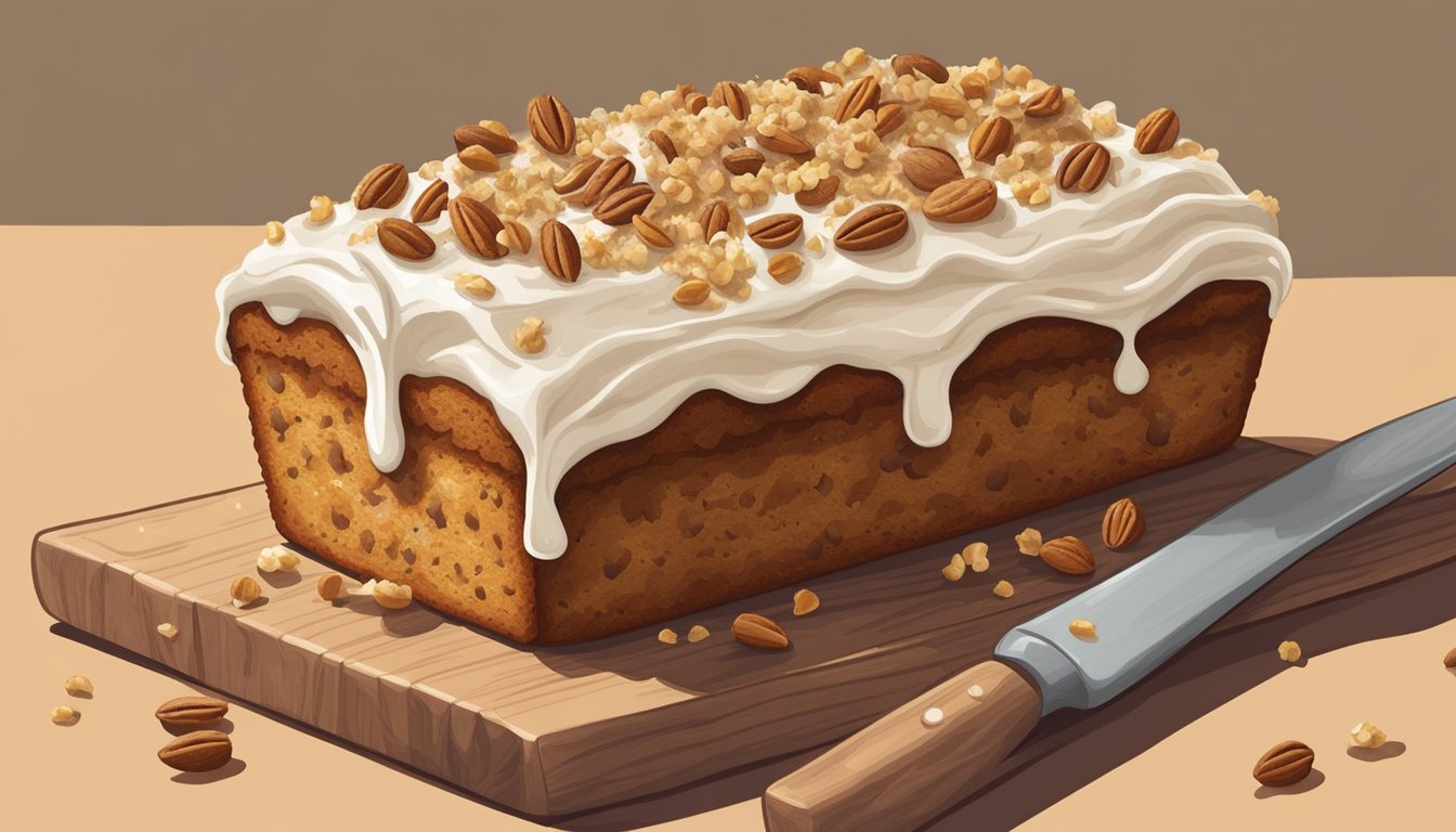 A rustic, crumbly carrot cake loaf sits on a wooden cutting board, adorned with a generous layer of creamy frosting and a sprinkling of chopped nuts