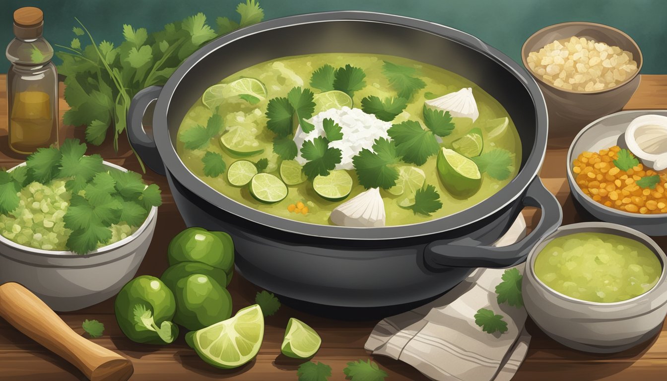 A rustic kitchen with a steaming pot of green pozole surrounded by fresh ingredients like chicken, tomatillos, and cilantro