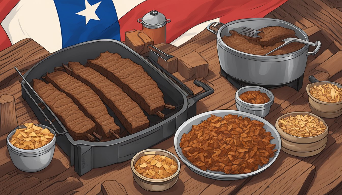 A smoky barbecue pit filled with sizzling, marinated seitan brisket, surrounded by mesquite wood chips and a Texas flag