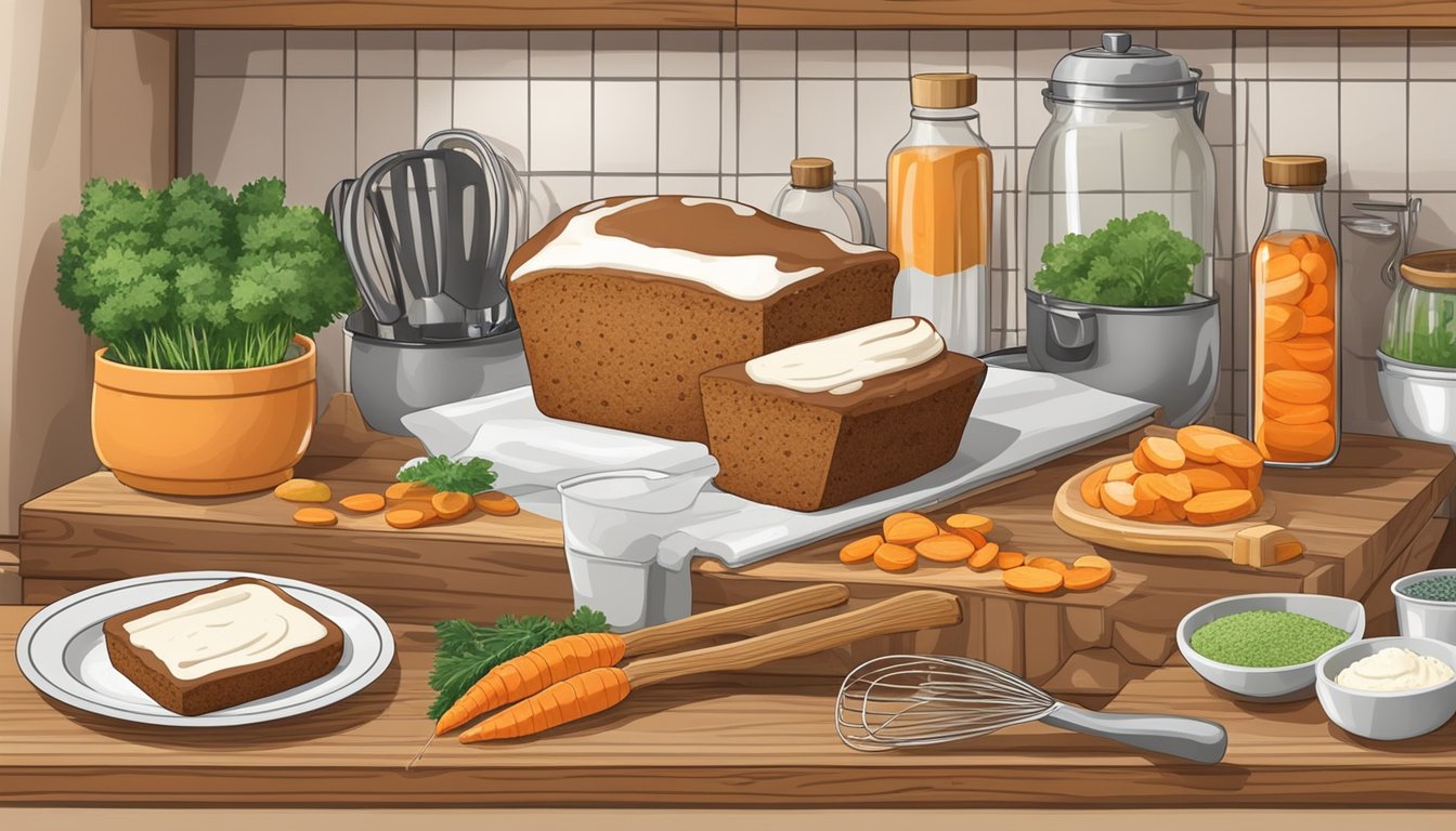 A rustic kitchen with ingredients and tools for making Texas-style carrot cake loaf