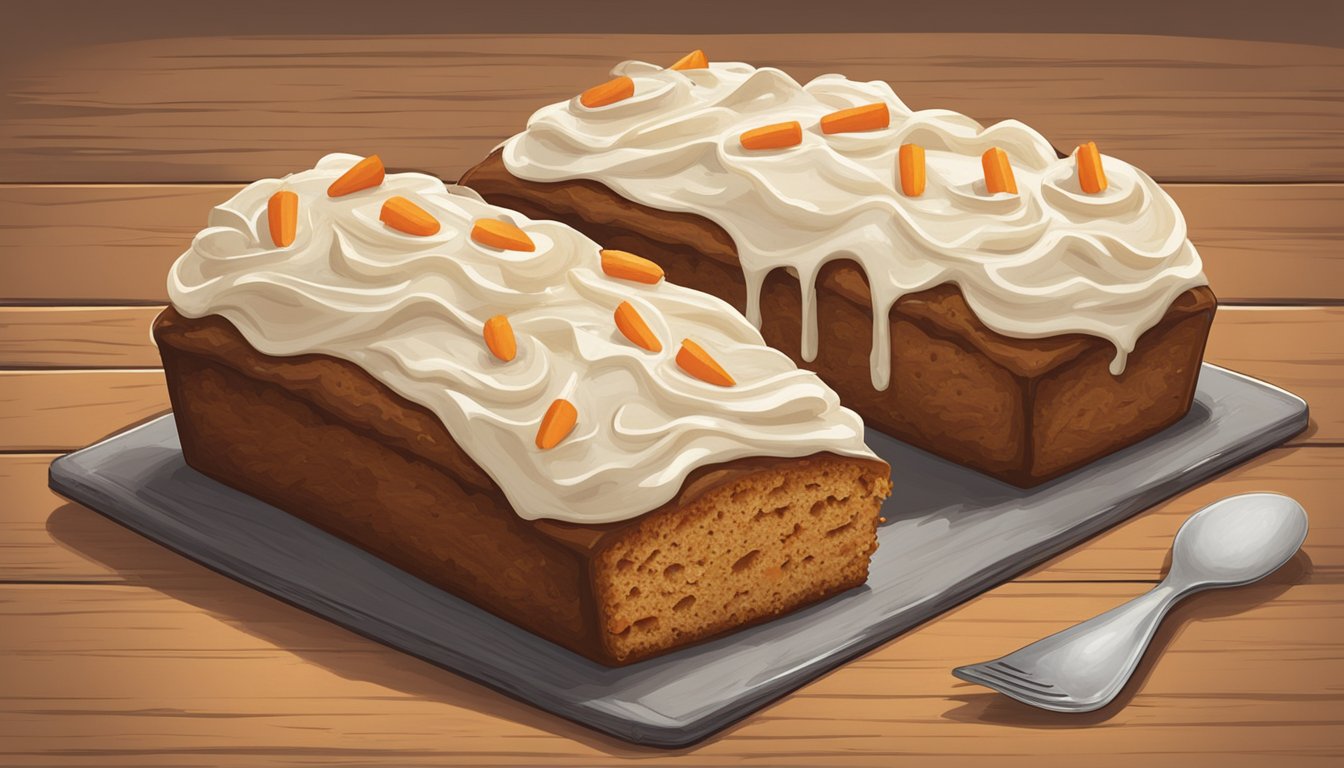 A loaf of Texas-style carrot cake topped with cream cheese frosting sits on a rustic wooden table