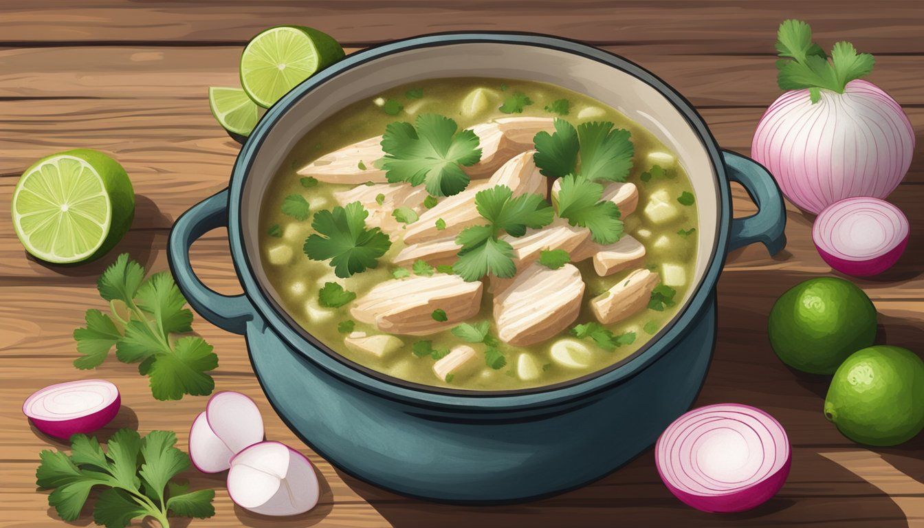 A steaming pot of chicken pozole verde surrounded by fresh cilantro, sliced radishes, and lime wedges on a rustic wooden table