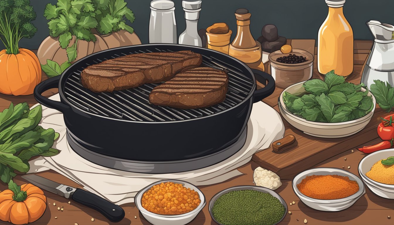 A kitchen counter with a sizzling grill, surrounded by various spices, herbs, and vegetables, with a large cutting board and knife ready to prepare the ultimate vegan brisket