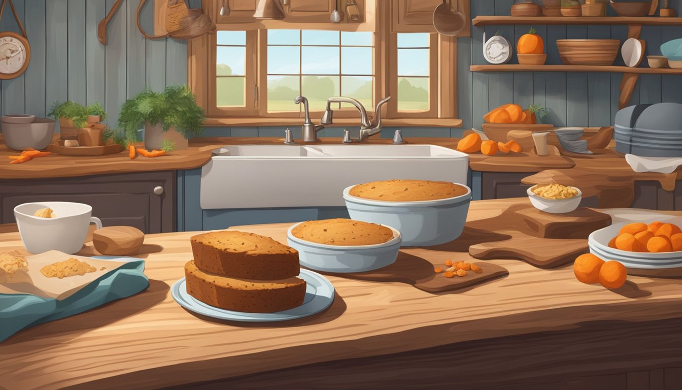 A rustic kitchen counter with a freshly baked carrot cake loaf on a wooden cutting board, surrounded by Texas-themed decor and ingredients