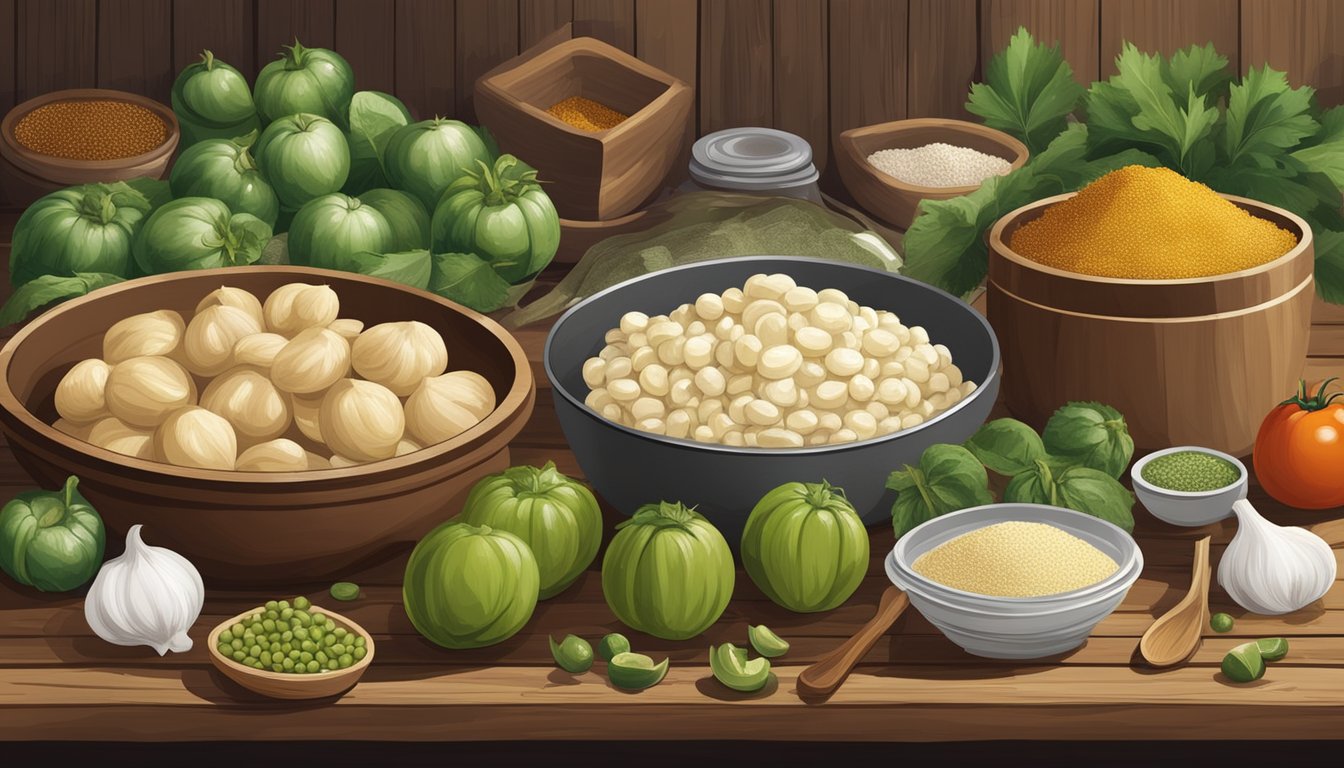 A rustic kitchen with ingredients like chicken, tomatillos, and hominy laid out on a wooden table, alongside various spices and utensils