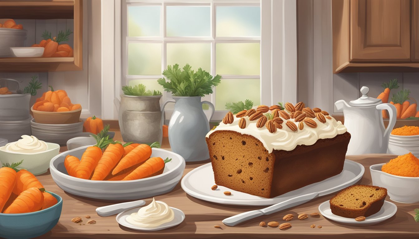 A rustic kitchen table with a freshly baked carrot cake loaf, surrounded by ingredients like carrots, pecans, and cream cheese frosting