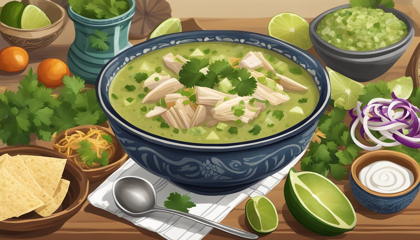 A steaming bowl of chicken pozole verde surrounded by traditional Texas and Mexican style garnishes