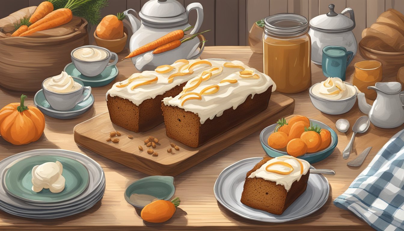 A rustic kitchen table with a freshly baked carrot cake loaf, surrounded by Texas-inspired decor and ingredients