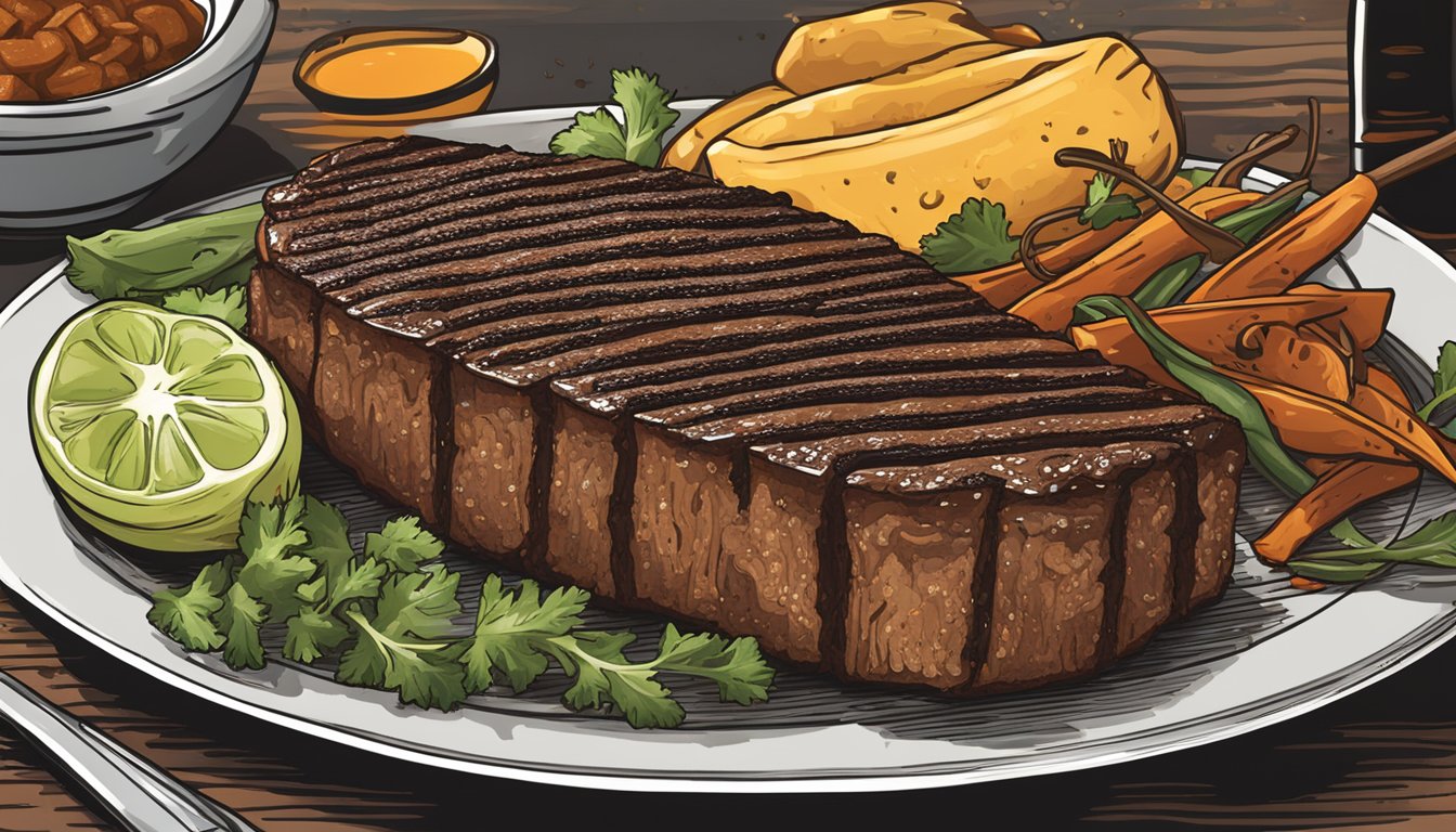 A sizzling grill cooks a smoky, charred vegan brisket. The meat alternative is coated in a rich, tangy Texas-style barbecue sauce, with a variety of spices and flavors adding depth to the dish