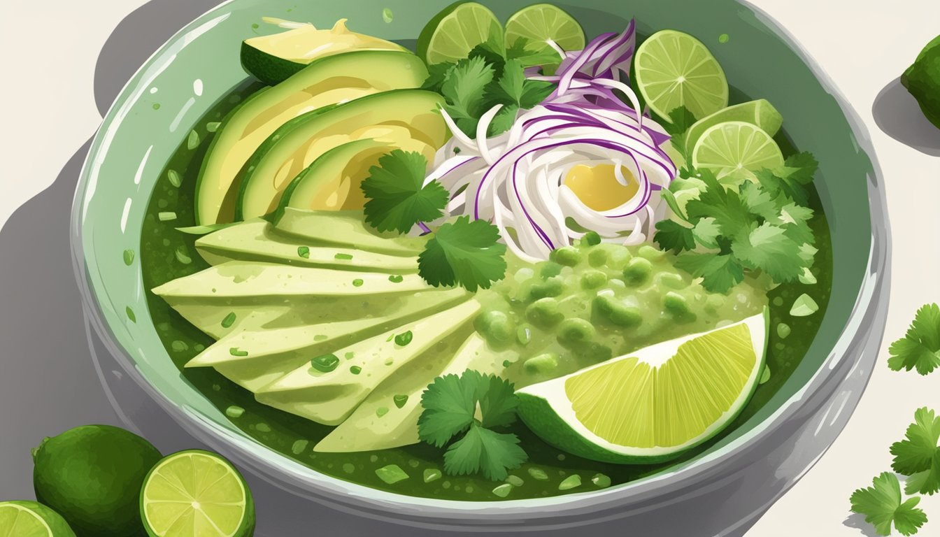 A steaming bowl of green chicken pozole surrounded by various fresh ingredients like avocado, lime, and cilantro