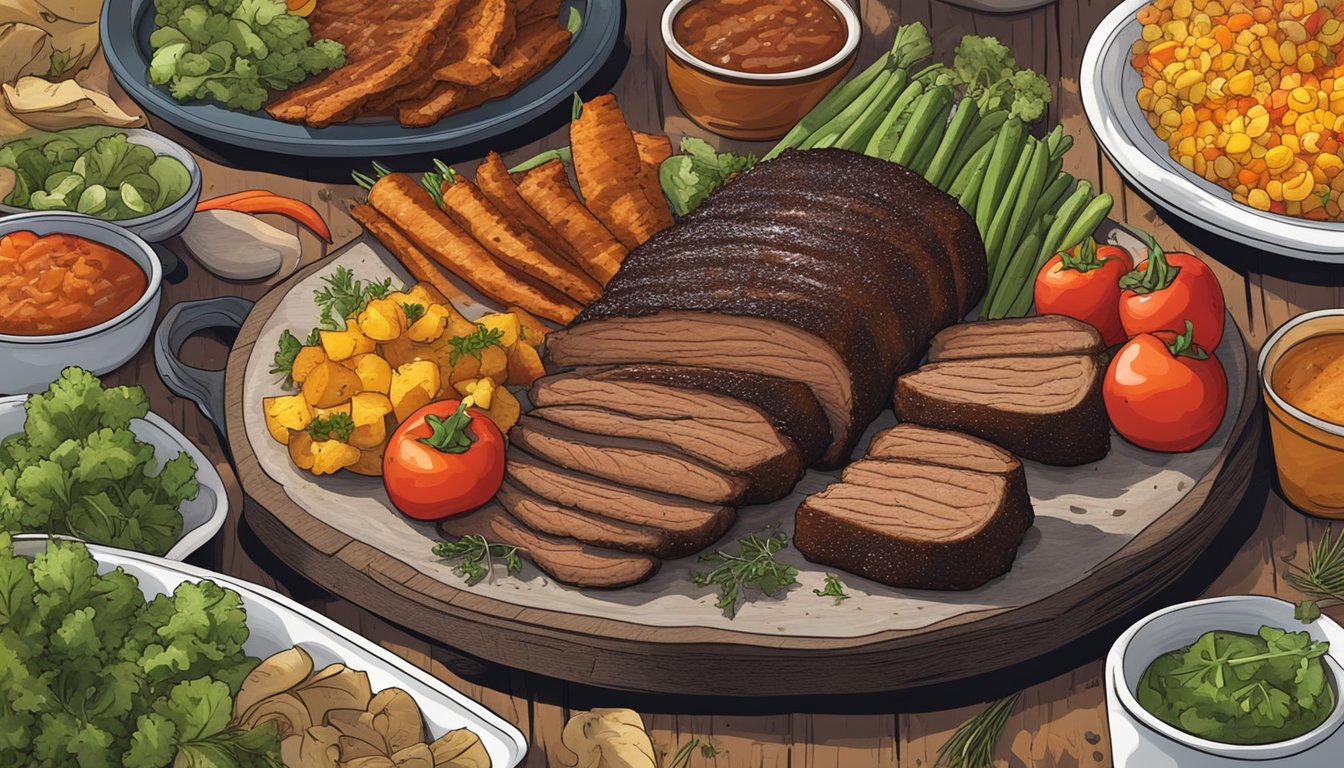 A rustic Texas barbecue with a platter of smoky, charred vegan brisket surrounded by colorful, fresh vegetables and herbs