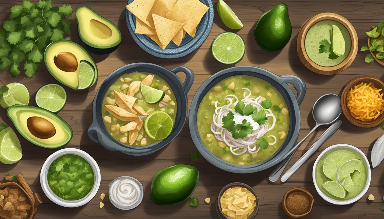 A rustic table set with bowls of chicken pozole verde, surrounded by Texas and Mexican style ingredients like tortillas, avocado, and lime