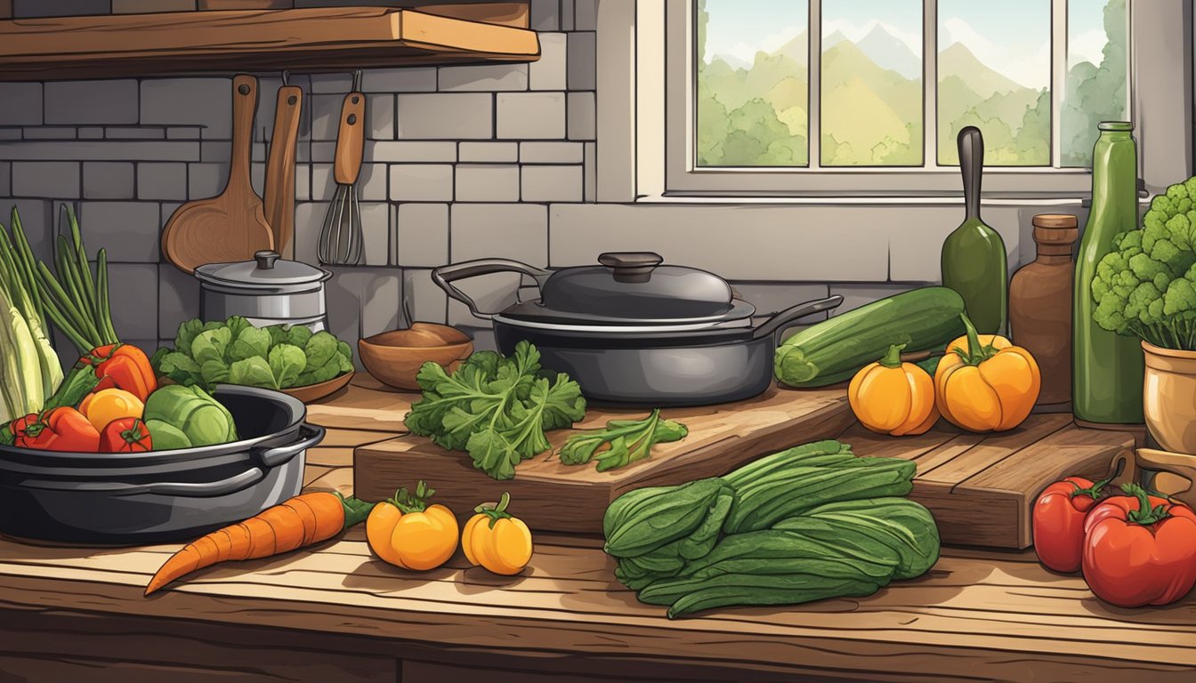 A rustic kitchen with a large cutting board, a variety of fresh vegetables, and a seasoned cast iron skillet on the stove