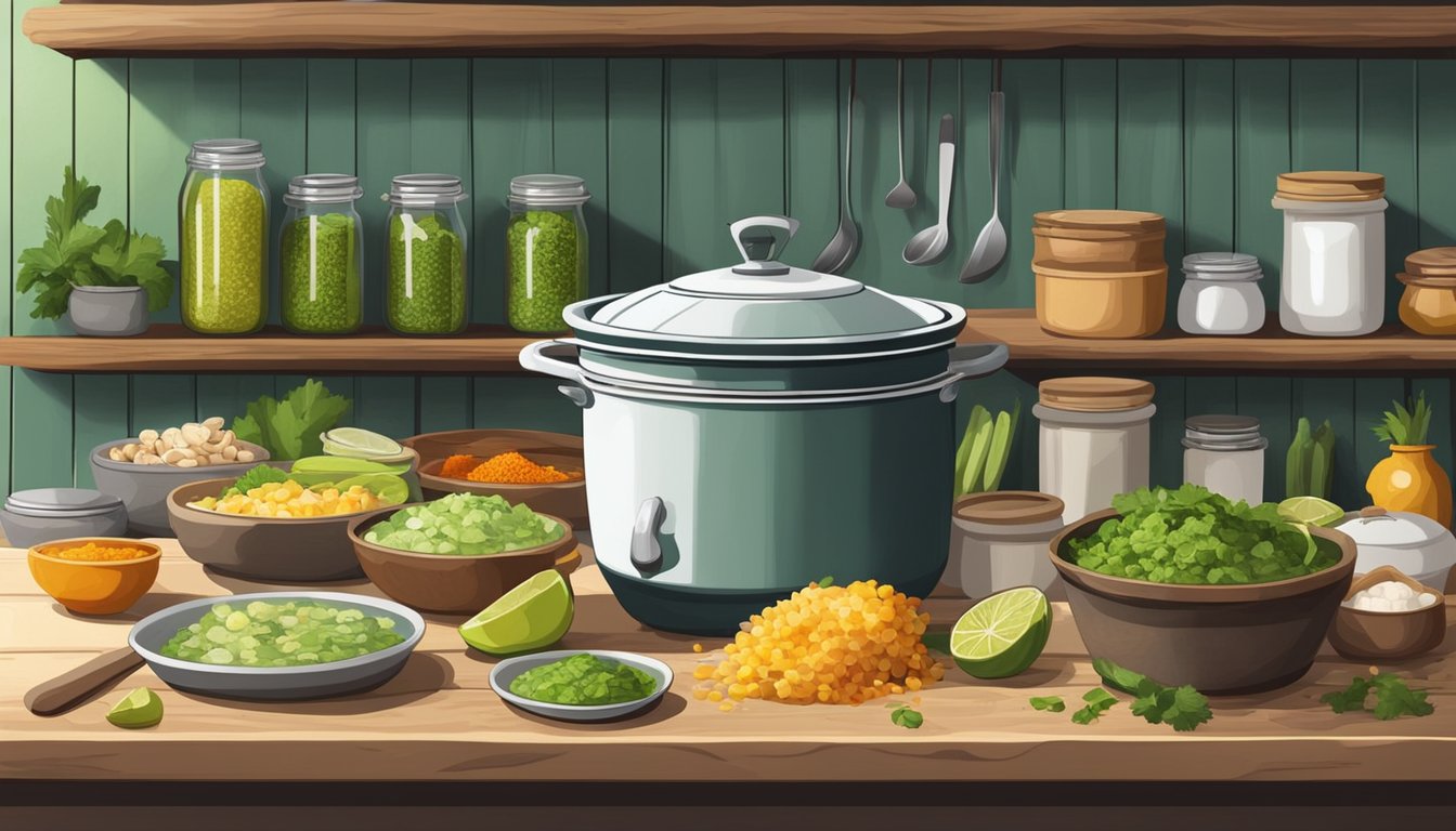 A rustic kitchen with colorful ingredients and spices, a pot of simmering chicken pozole verde, and various storage containers for meal prep