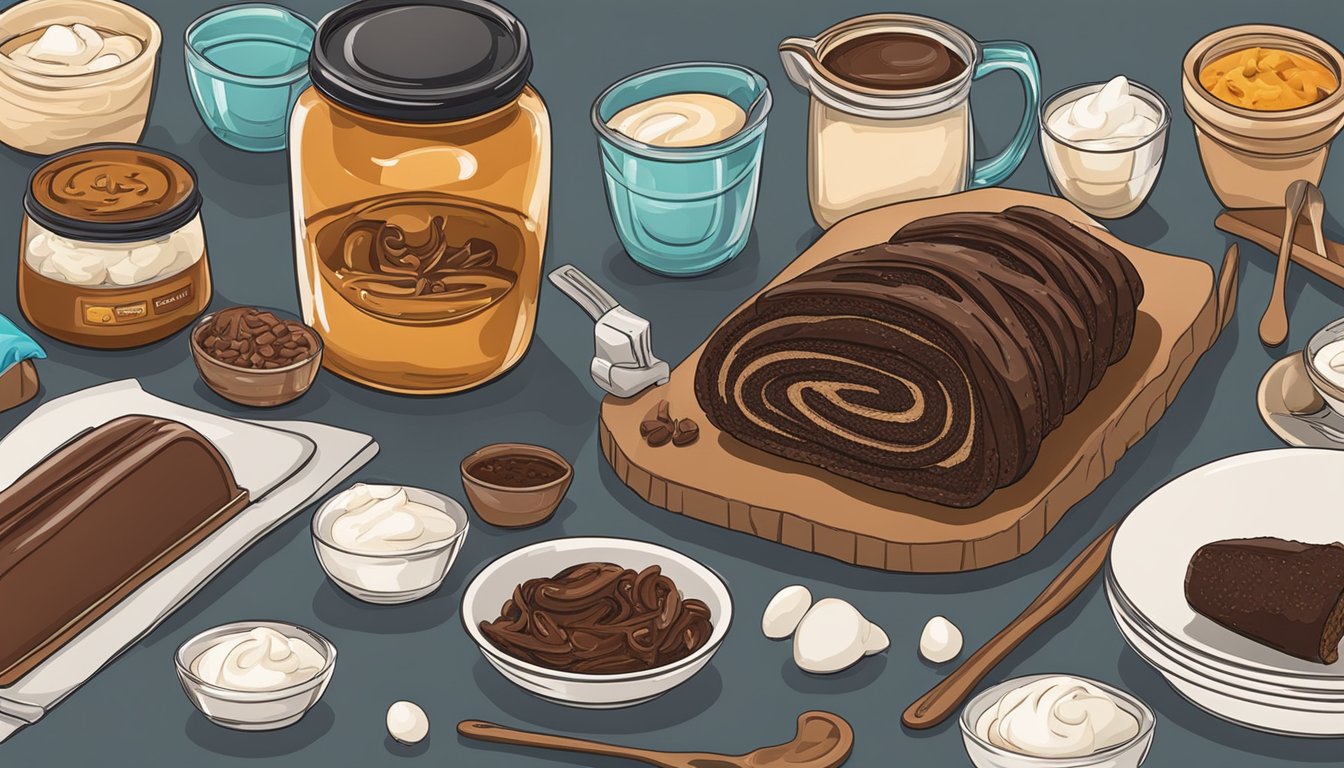 A kitchen counter with ingredients and utensils for making Texas-style American chocolate babka