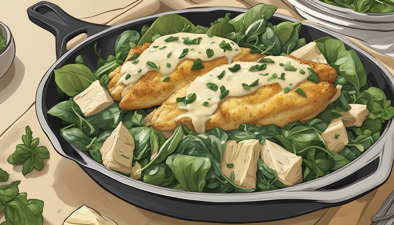 A sizzling skillet of Texas-style spinach artichoke chicken, with creamy sauce and tender chicken, surrounded by vibrant green spinach and artichoke hearts