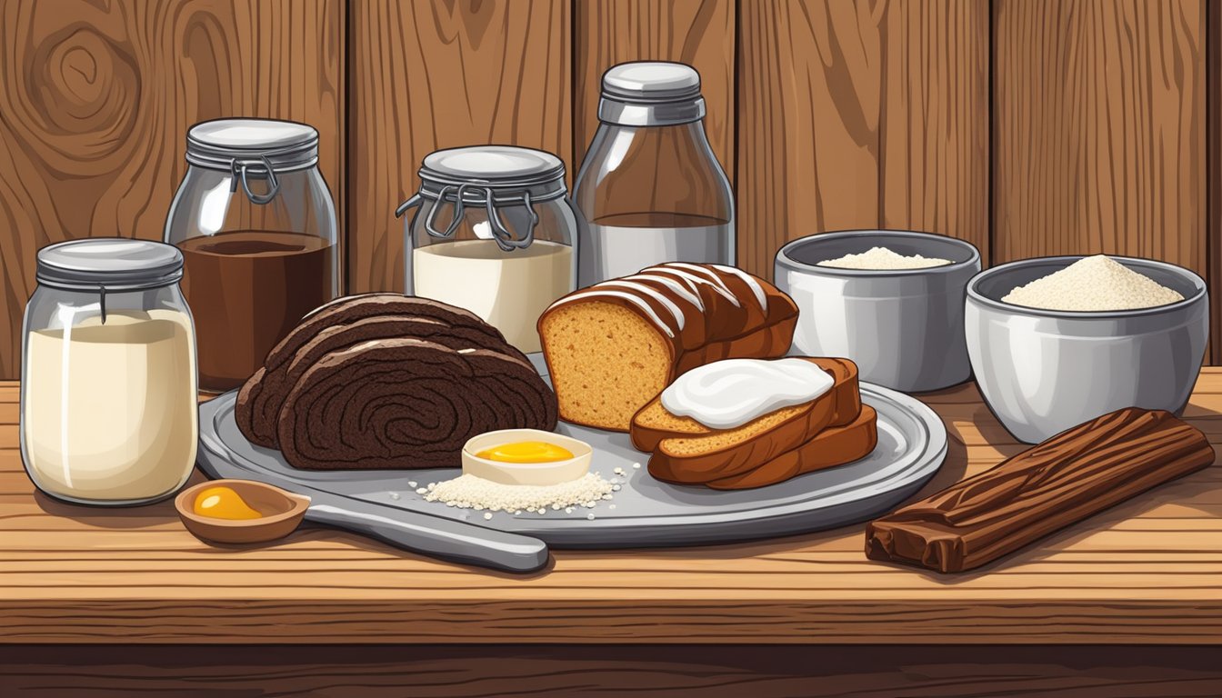 A Texan kitchen with ingredients for chocolate babka: flour, sugar, chocolate, butter, and eggs laid out on a wooden table