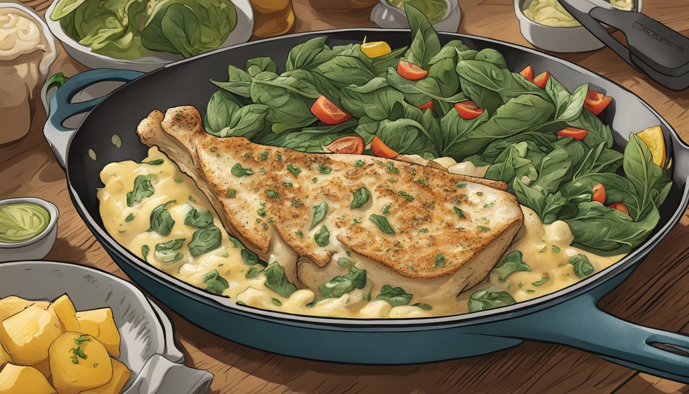 A sizzling skillet with creamy spinach and artichoke covered chicken, surrounded by vibrant Texas-inspired ingredients