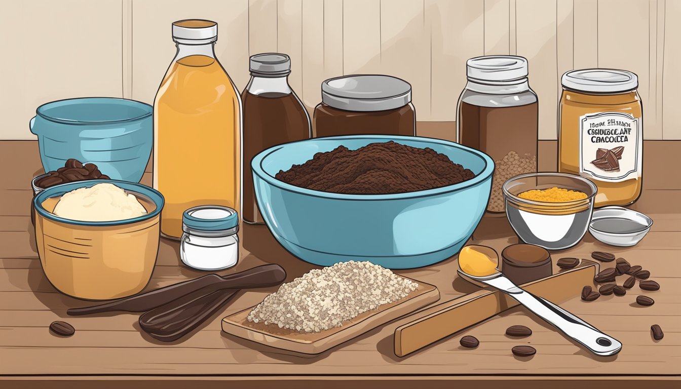 A kitchen counter with ingredients and utensils for making Texas-style American chocolate babka filling