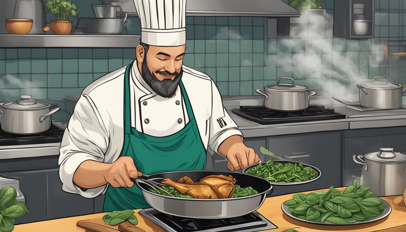 A chef seasoning a skillet of sizzling chicken, surrounded by fresh spinach and artichokes