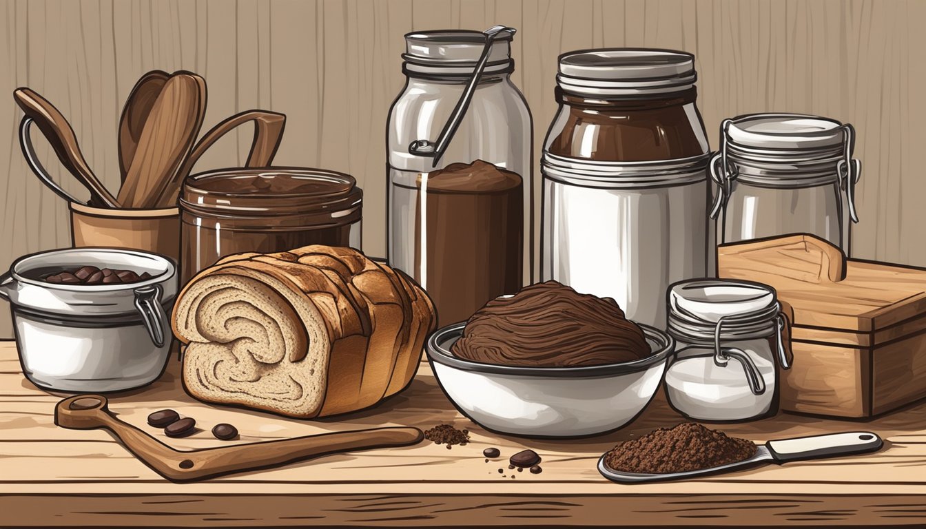 A rustic kitchen counter with ingredients and tools for making Texas-style American chocolate babka dough