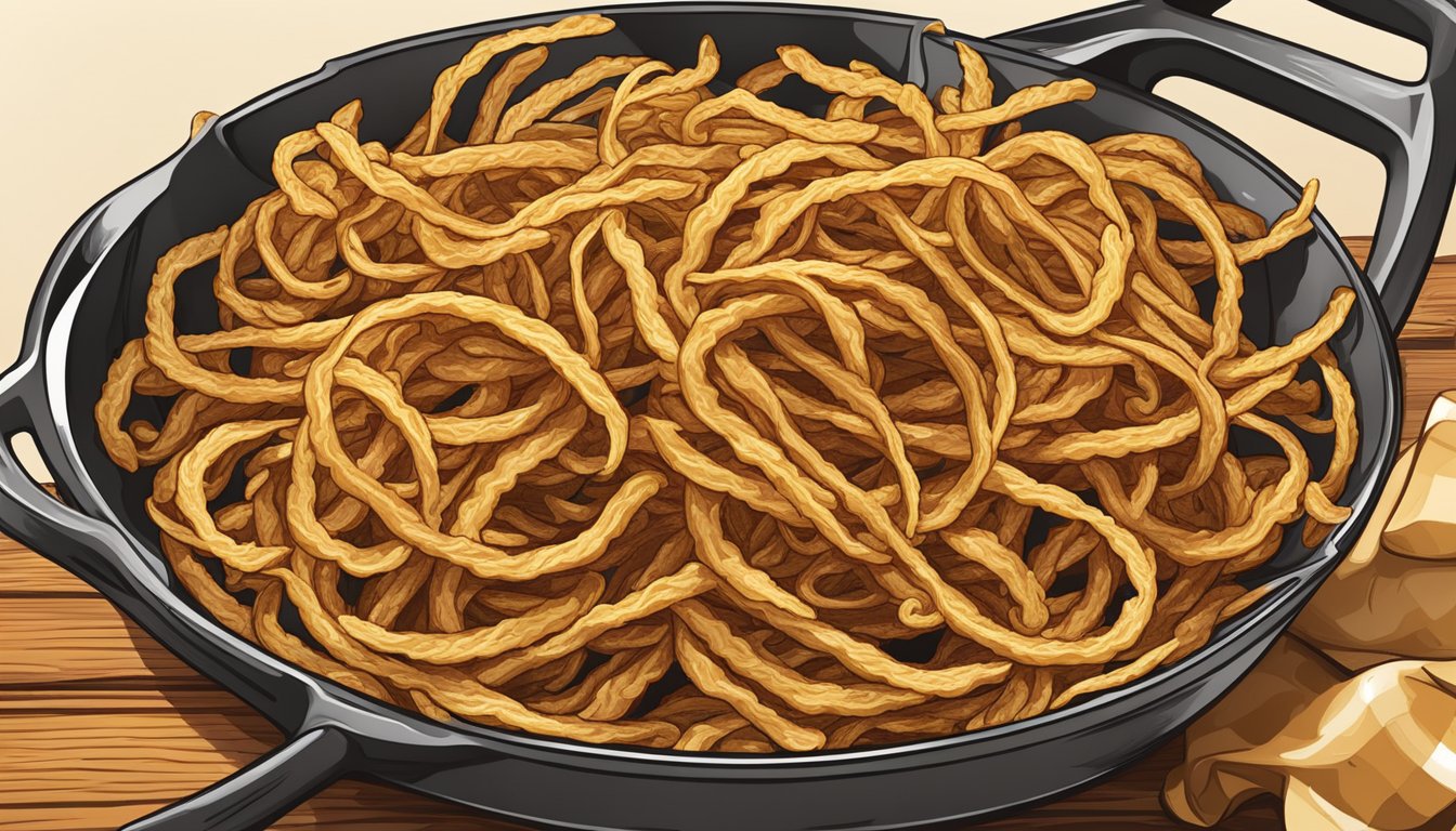 A sizzling skillet of golden Texas-style fried onion strings, ready to be served as a crispy delight for any occasion