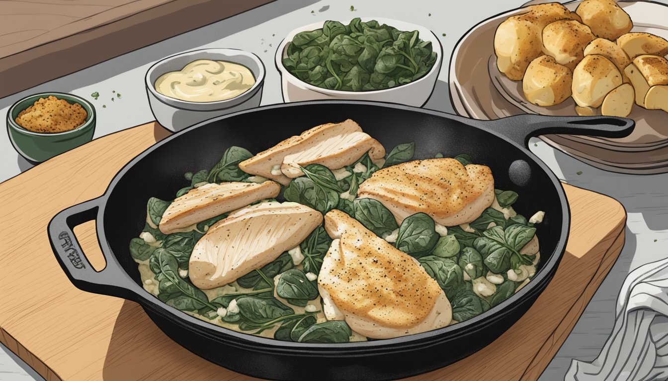 A cast iron skillet sizzling on a grill, filled with creamy spinach and artichoke mixture topped with seasoned chicken breast