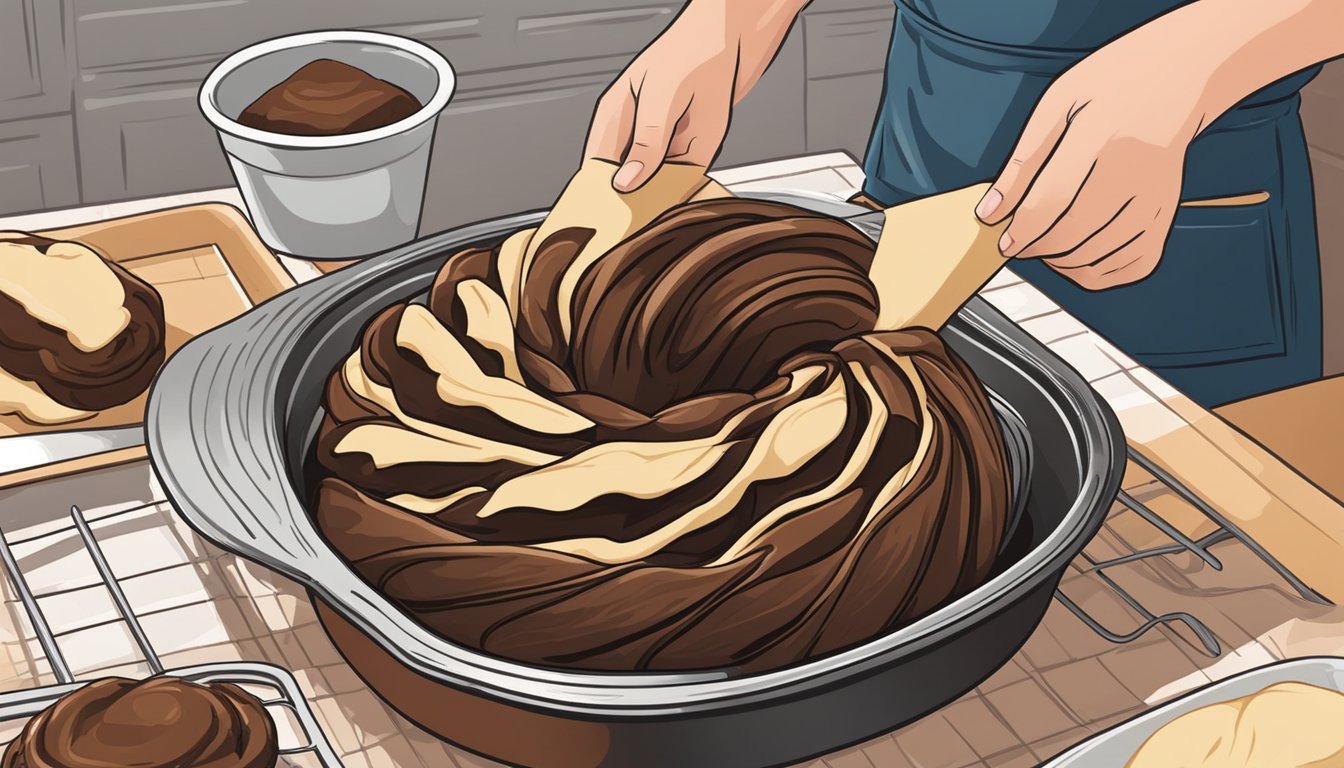 A baker kneads dough for Texas-style chocolate babka, then places it in a pan before baking