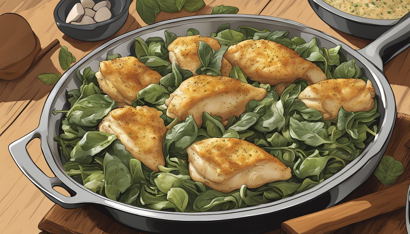 A sizzling skillet of spinach artichoke chicken being generously seasoned with Texas-style spices, filling the air with a tantalizing aroma