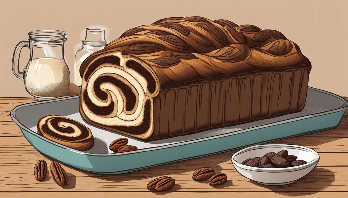 A rustic kitchen table with a freshly baked chocolate babka, surrounded by Texan-inspired ingredients like pecans and bourbon