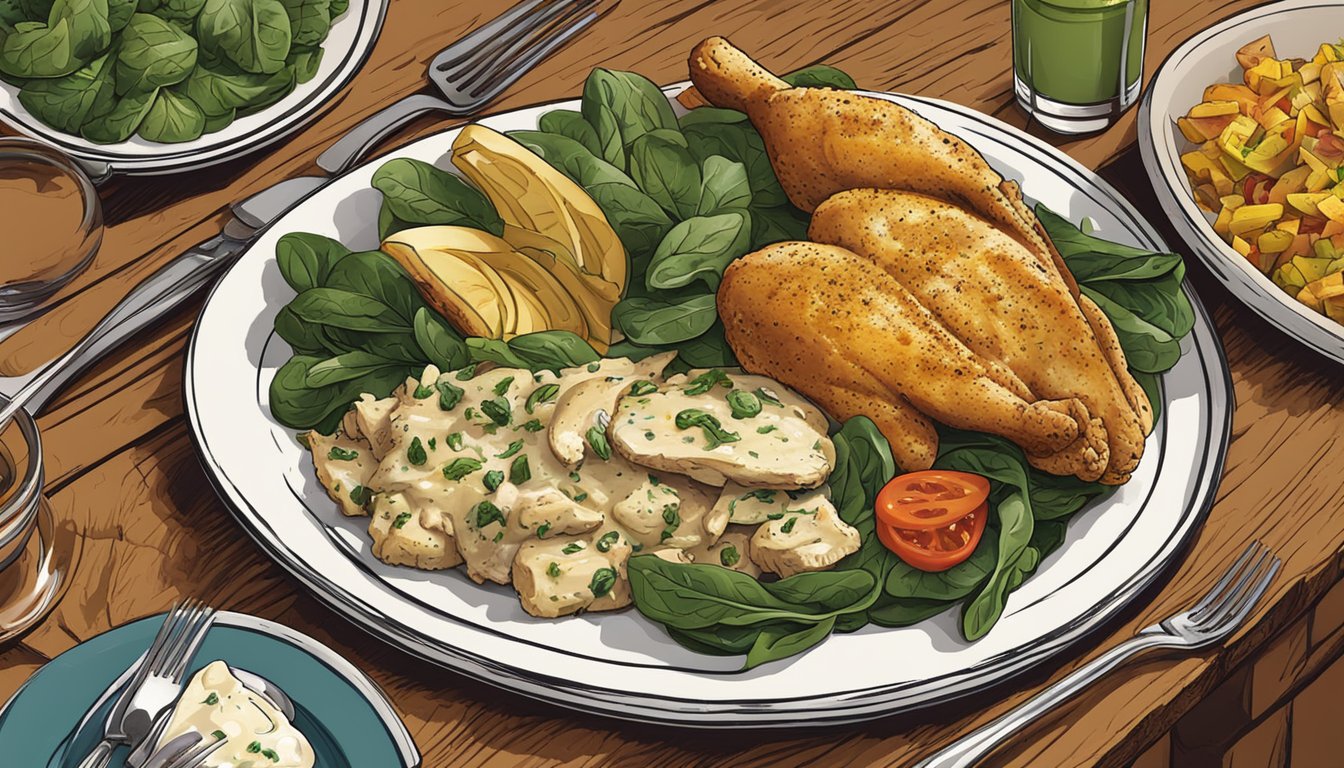 A rustic wooden table with a platter of Texas-style spinach artichoke chicken surrounded by colorful side dishes