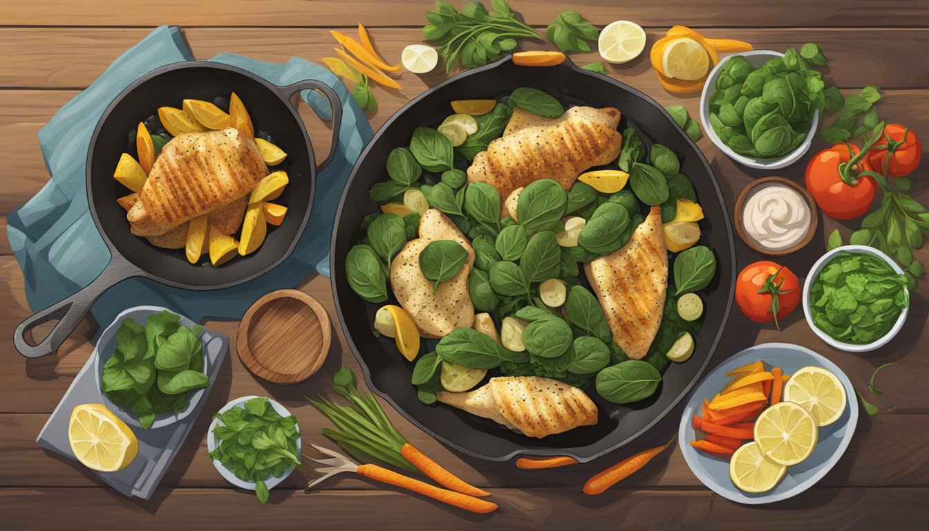 A rustic wooden table set with a sizzling skillet of Texas-style spinach artichoke chicken, surrounded by fresh herbs and colorful vegetables