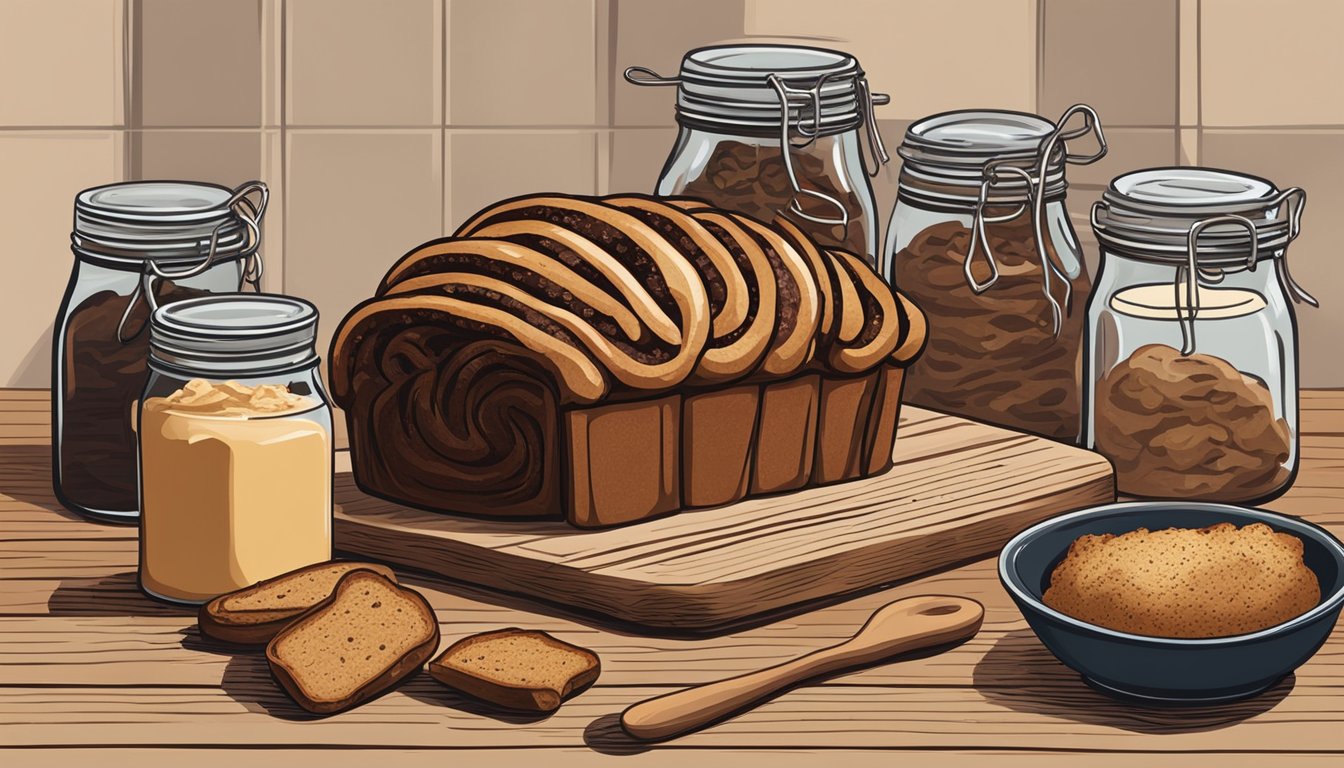 A rustic kitchen with a wooden countertop displaying a freshly baked Texas-style American chocolate babka, surrounded by jars of ingredients and a vintage flour sifter