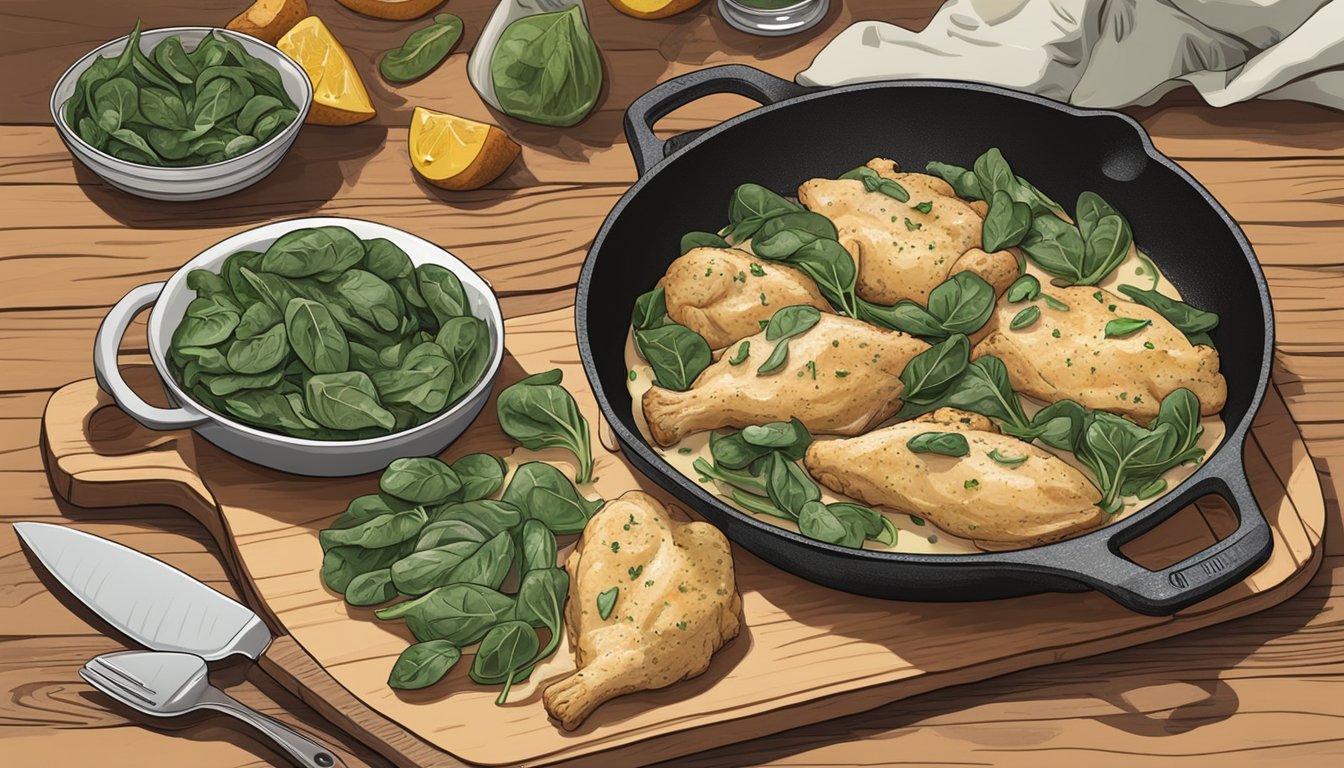 A rustic kitchen with a cast iron skillet on a stove, filled with creamy spinach artichoke chicken. A wooden cutting board with sliced chicken and fresh spinach nearby