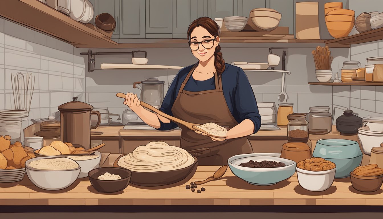 A baker in a Texas kitchen, mixing chocolate babka dough with a wooden spoon, surrounded by bowls of ingredients and a recipe book open on the counter