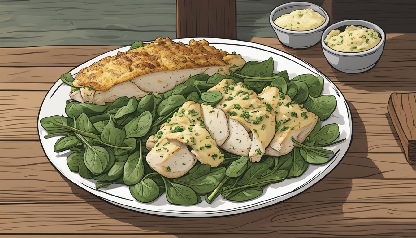 A plate of Texas-style spinach artichoke chicken with nutritional information displayed next to it on a rustic wooden table