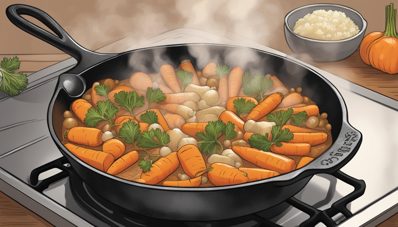 A cast iron skillet filled with carrots, onions, and garlic simmering in a rich, savory Texas-style braising liquid, with steam rising from the pan