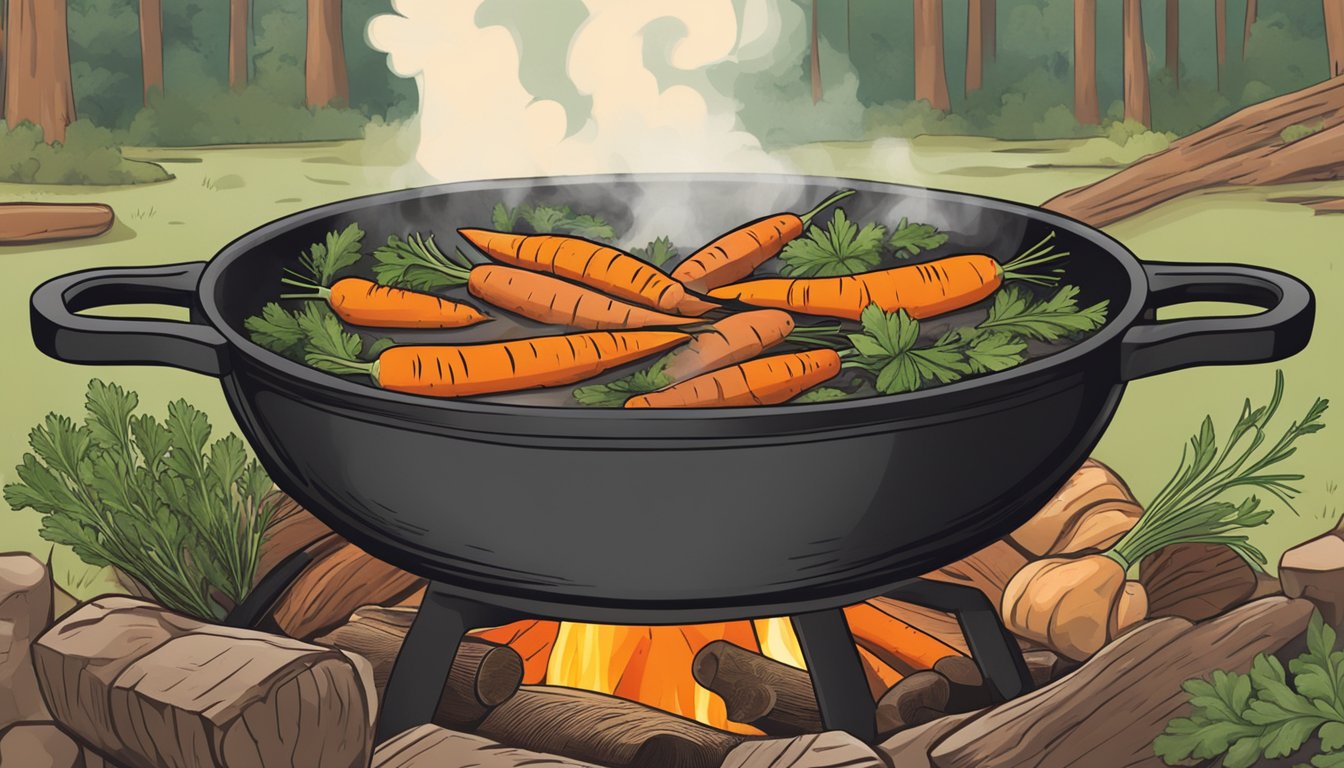 A cast iron skillet filled with carrots, onions, and herbs simmering in a rich, savory broth over a crackling campfire