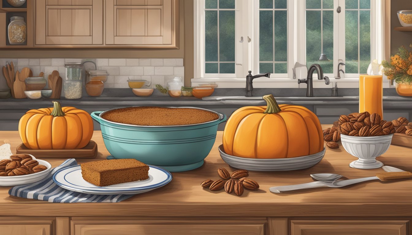 A rustic kitchen counter with a pumpkin, pecans, cinnamon, and a graham cracker crust, surrounded by Texas-themed decor