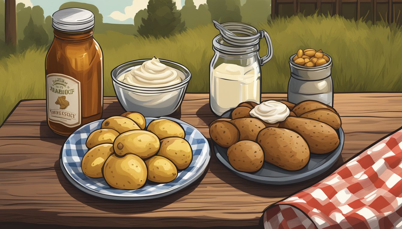 A rustic wooden table with a checkered picnic blanket, a bowl of freshly picked potatoes, a jar of mayonnaise, and a bottle of Texas-style barbecue sauce