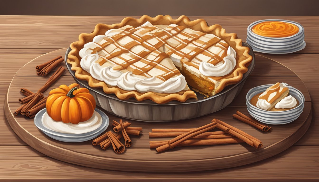 A rustic wooden table with a gingham cloth, adorned with a pumpkin pie surrounded by cinnamon sticks, nutmeg, and a dollop of whipped cream