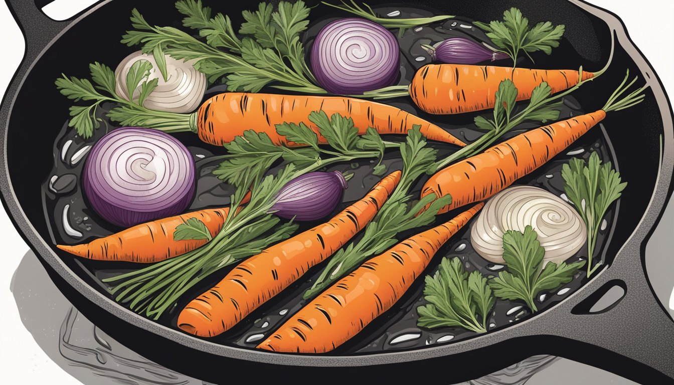 Carrots and onions sizzling in a cast iron skillet, surrounded by bubbling savory broth and aromatic herbs