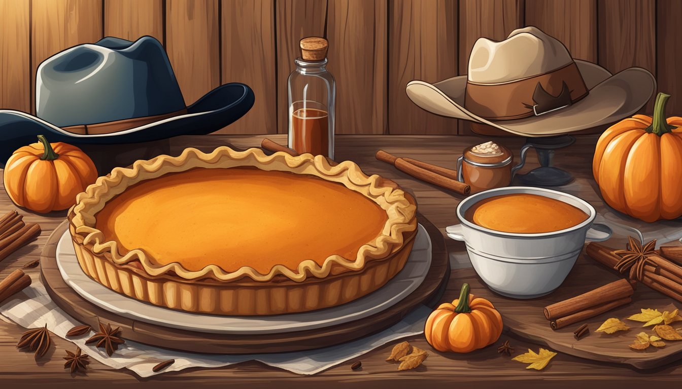 A rustic wooden table with a pumpkin pie surrounded by Texan spices and a cowboy hat