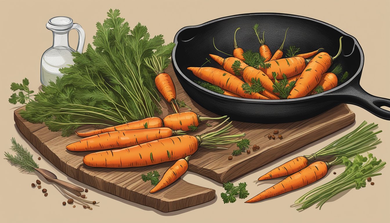 A rustic wooden table set with a cast iron skillet filled with savory braised carrots, surrounded by a scattering of fresh herbs and spices