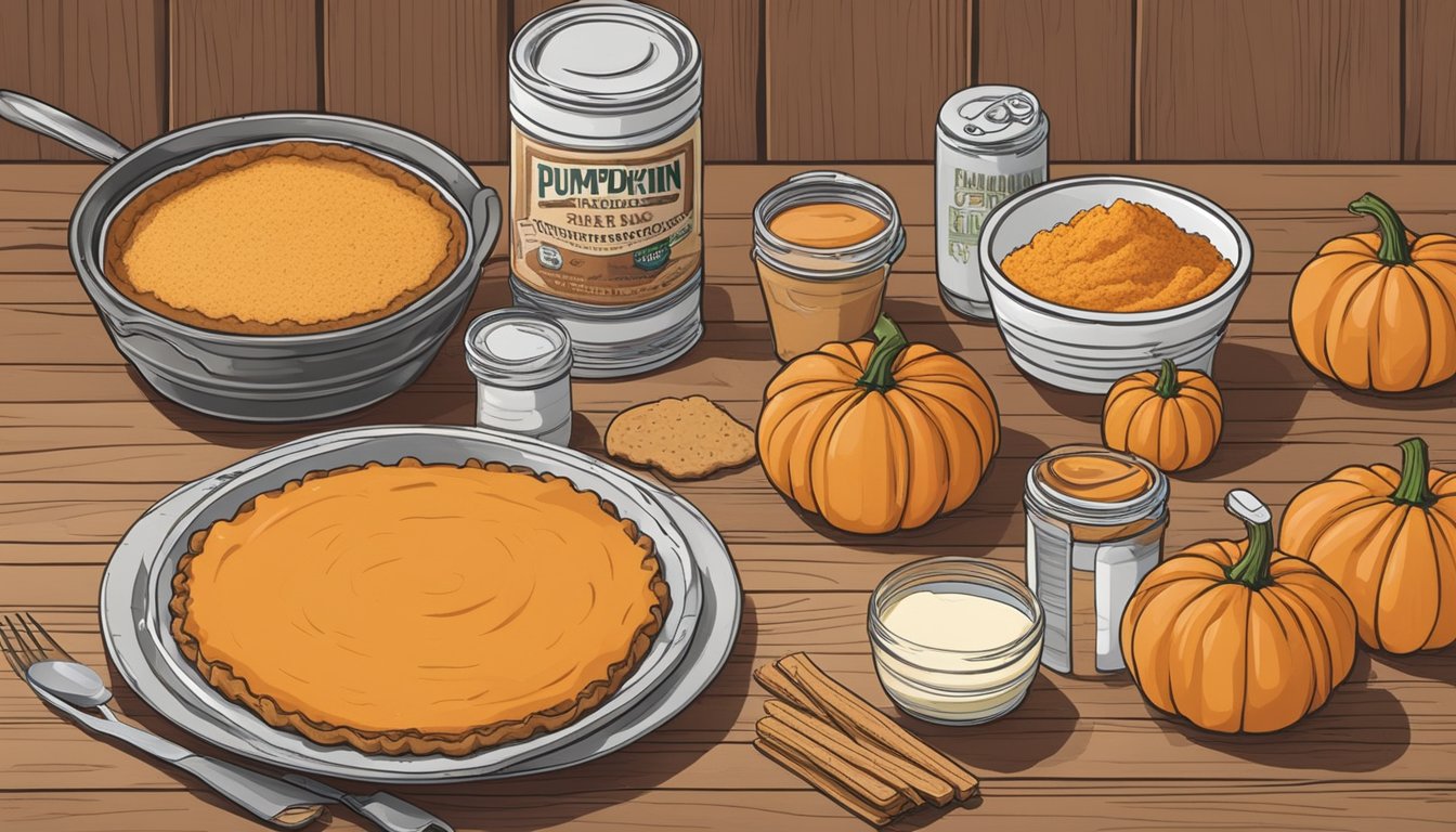 A rustic Texas-style kitchen with ingredients for no-bake pumpkin pie laid out on a wooden table, including a graham cracker crust and a can of pumpkin puree